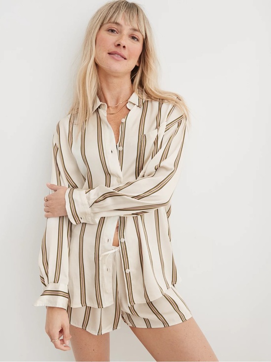 aerie Other - aerie Cream & Olive Striped Long Sleeve Satin PJ-To-Party Button Shirt sz Large